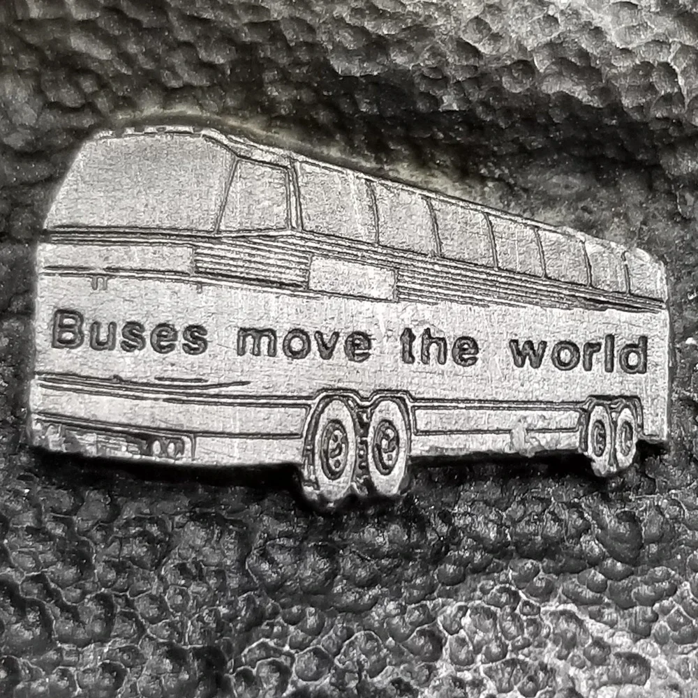 Vintage Buses Move The World Belt‎ Buckle USA Made Pewter Novelty Transportation